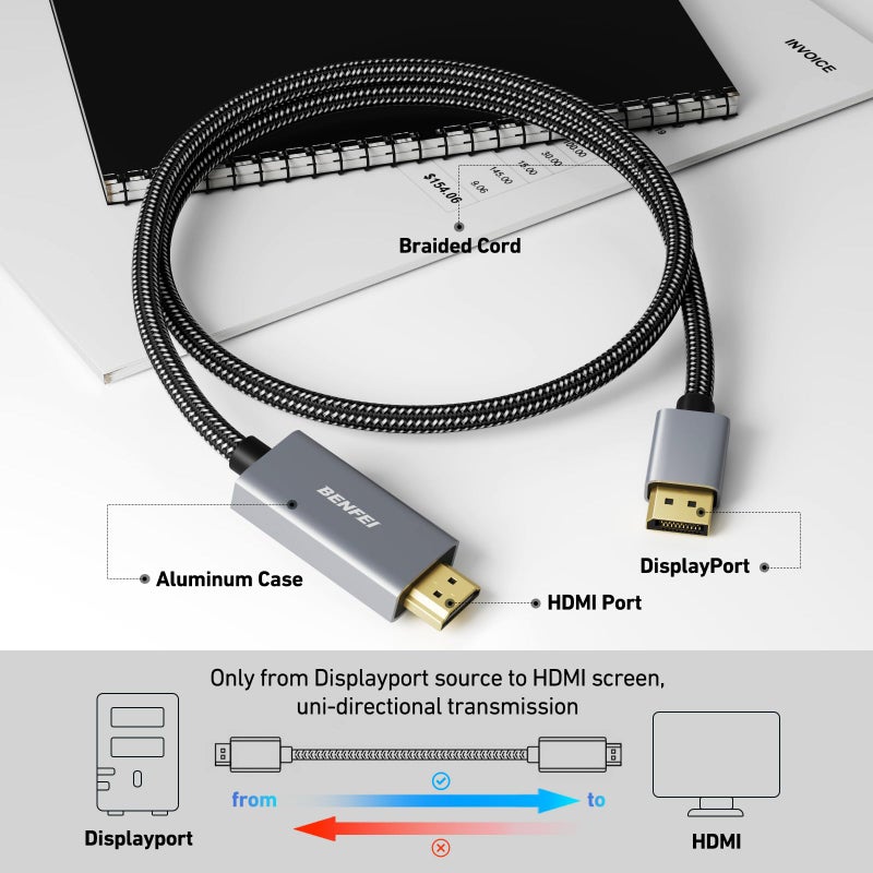 BENFEI 4K DisplayPort to HDMI 6 Feet Cable[Aluminum Shell, Nylon Braided], Uni-Directional DP 1.2 Computer to HDMI 1.4 Screen Cable Compatible with HP, ThinkPad, AMD, NVIDIA, Desktop and More - Image 4